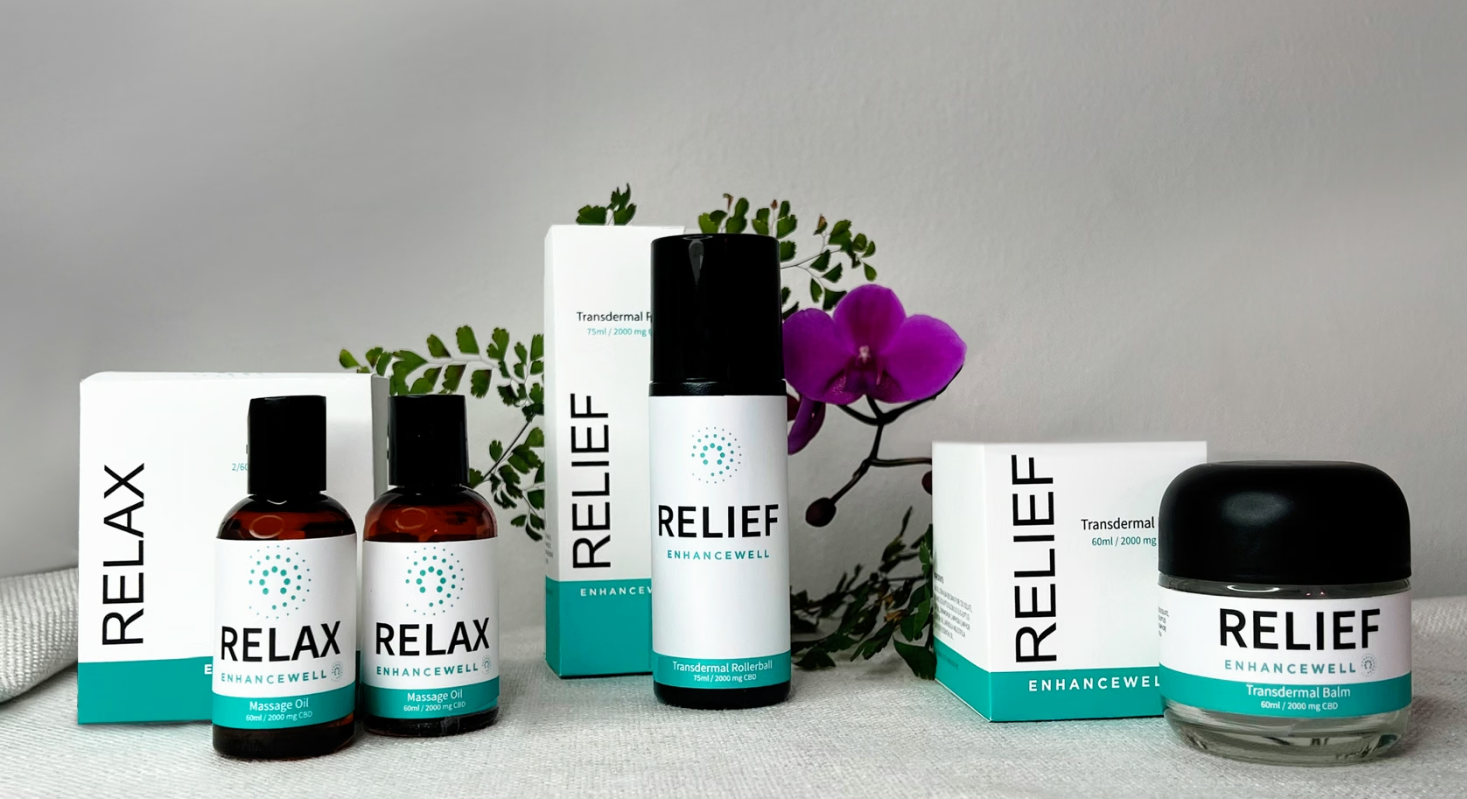 Relax and Relief by Enhancewell product lineup: Relax massage oil bottles, Relief transdermal rollerball and Relief transdermal balm with their boxes